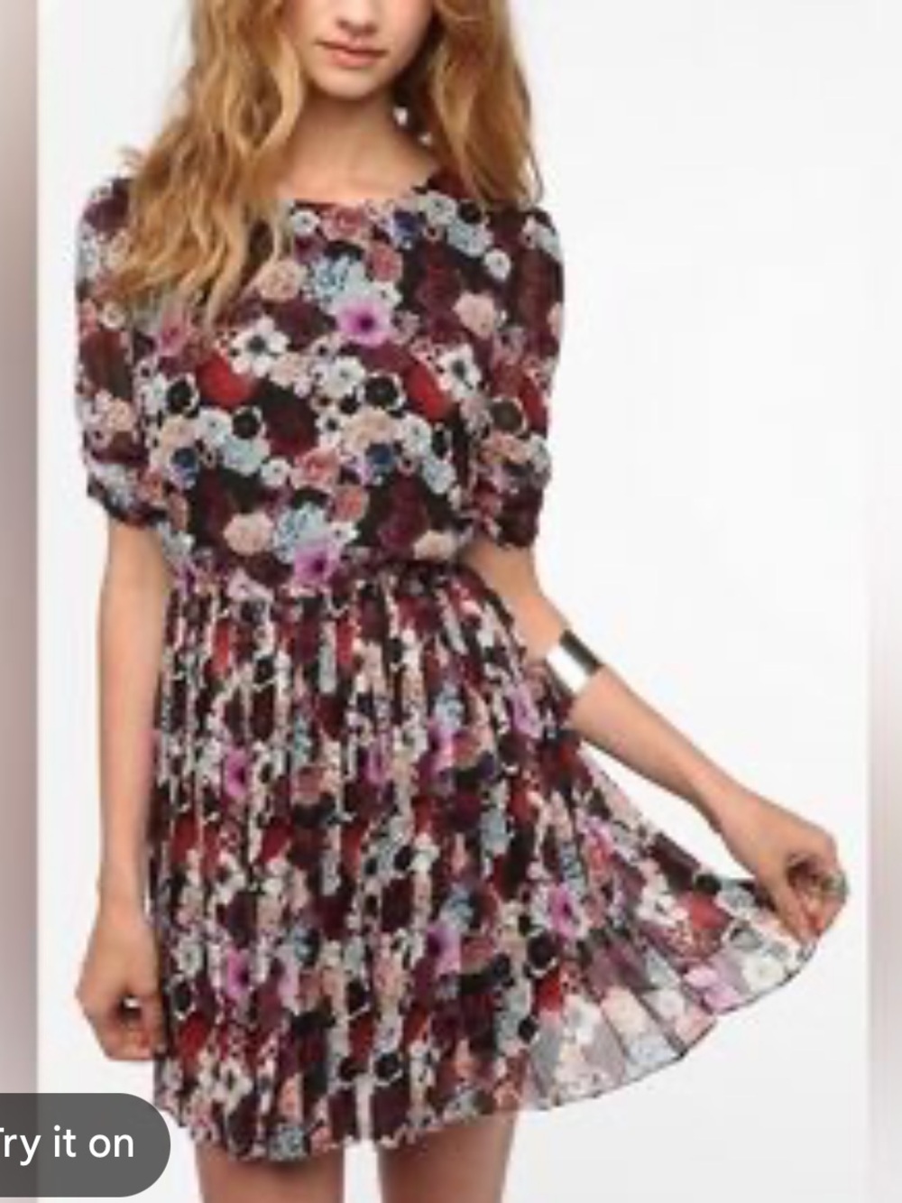 UO Pins & Needles Burgundy Floral Pleated Short Dress. Whimsygoth. Feminine. S